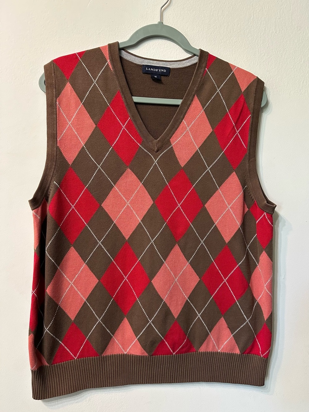 Lands' End Men's Medium M Argyle Sweater Vest Brown Red 100% Cotton Preppy